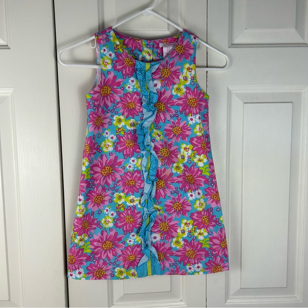 Lilly Wicket Pink Floral Dress Size 6X Blue Green Ruffle Sleeveless Summer